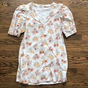 The new society floral linen cotton blend poof sleeve dress